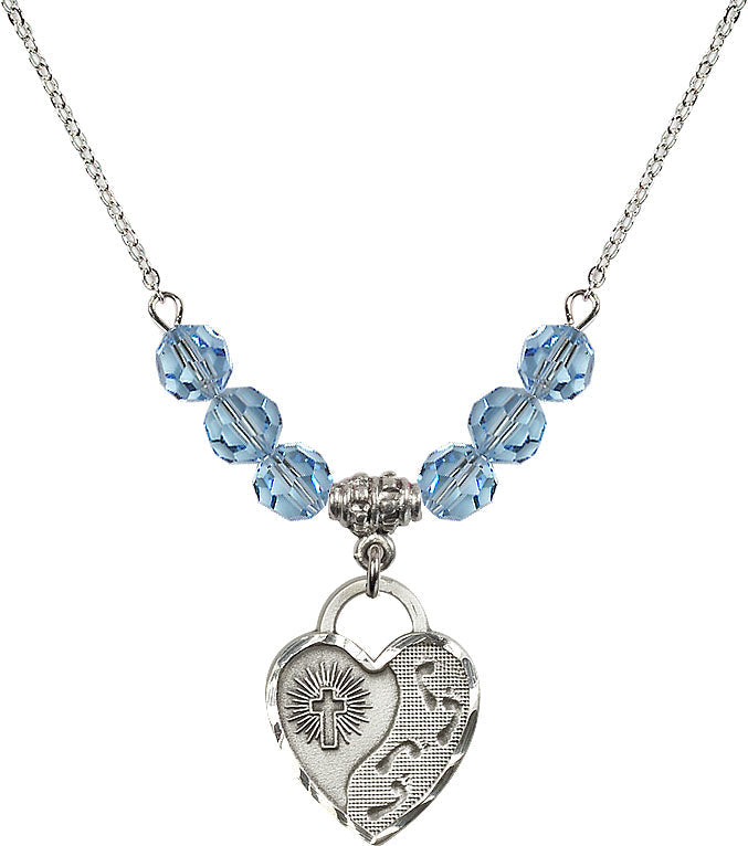 Bliss Sterling Silver Footprints Heart 6mm Beaded Necklace in Aqua,