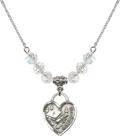 Large Sterling Silver Graduation Heart 6mm Clear Beaded Necklace, Measures 3/4-inch tall by 5/8-inch wide in Crystal, Bliss Manufacturing
