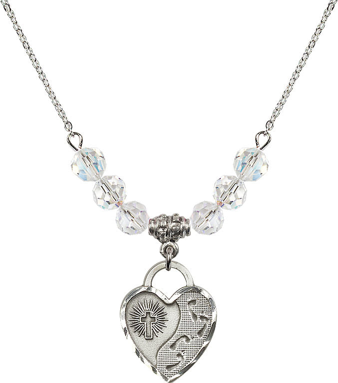 Bliss Sterling Silver Footprints Heart 6mm Beaded Necklace in Crystal,