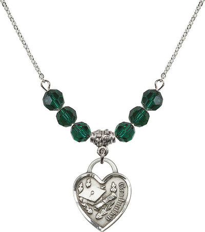 Large Sterling Silver Graduation Heart 6mm Emerald Beaded Necklace, Measures 3/4-inch tall by 5/8-inch wide, Bliss Manufacturing