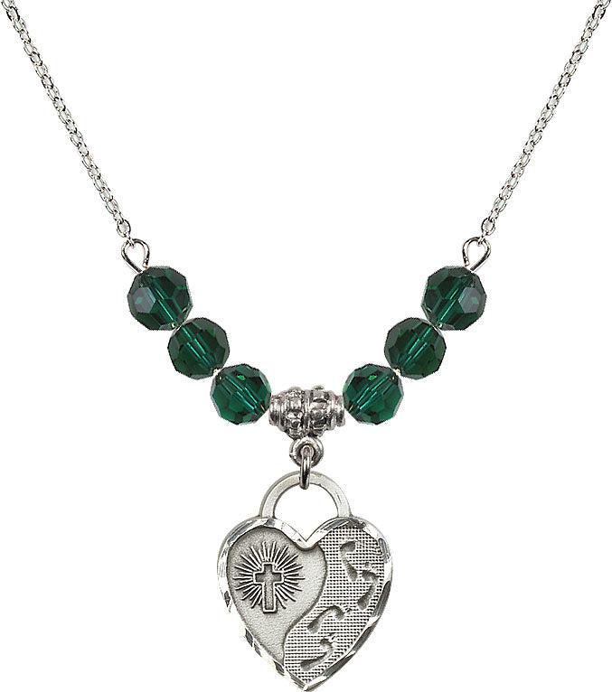 Bliss Sterling Silver Footprints Heart 6mm Beaded Necklace in Emerald,