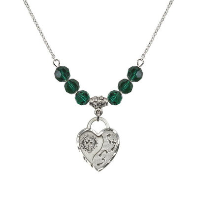 Sterling Silver Double Cross 6mm Beaded Necklace In Emerald, Bliss Manufacturing