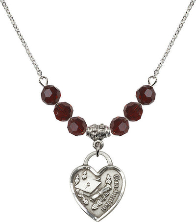 Large Sterling Silver Graduation Heart 6mm Garnet Beaded Necklace, Measures 3/4-inch tall by 5/8-inch wide, Bliss Manufacturing