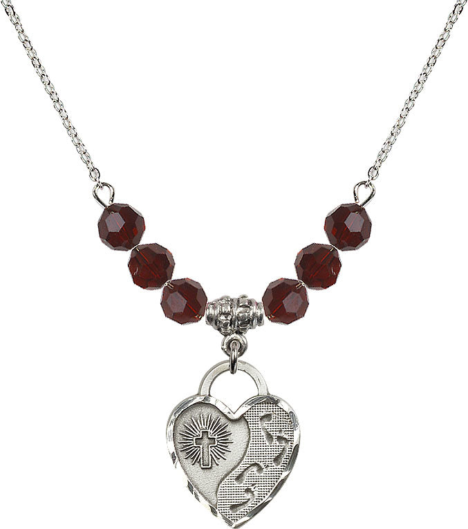 Bliss Sterling Silver Footprints Heart 6mm Beaded Necklace in Garnet,