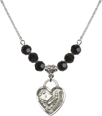 Large Sterling Silver Graduation Heart 6mm Jet Beaded Necklace, Measures 3/4-inch tall by 5/8-inch wide, Bliss Manufacturing