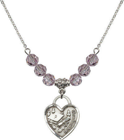 Large Sterling Silver Graduation Heart 6mm Light Amethyst Beaded Necklace, Measures 3/4-inch tall by 5/8-inch wide, Bliss Manufacturing