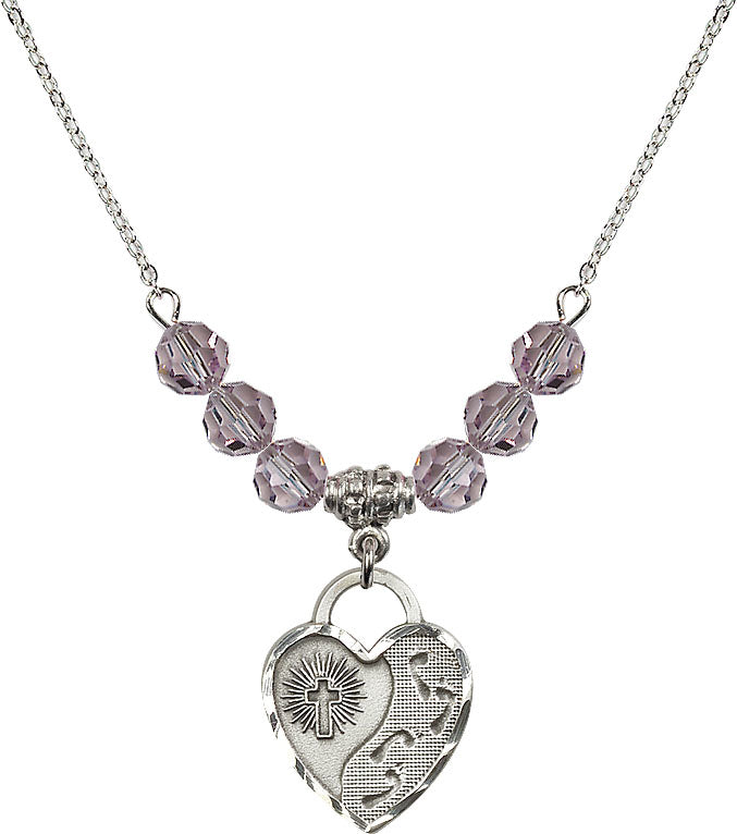 Bliss Sterling Silver Footprints Heart 6mm Beaded Necklace in Light Amethyst,