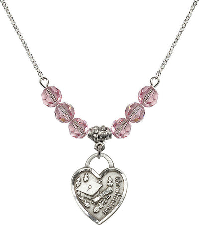 Large Sterling Silver Graduation Heart 6mm Light Rose Beaded Necklace, Measures 3/4-inch tall by 5/8-inch wide, Bliss Manufacturing