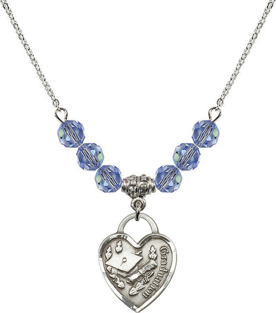 Large Sterling Silver Graduation Heart 6mm Light Sapphire Beaded Necklace, Measures 3/4-inch tall by 5/8-inch wide, Bliss Manufacturing