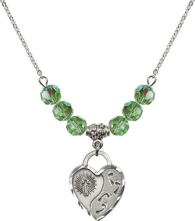 Bliss Sterling Silver Footprints Heart 6mm Beaded Necklace in Peridot,