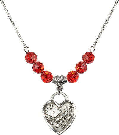Large Sterling Silver Graduation Heart 6mm Ruby Beaded Necklace, Measures 3/4-inch tall by 5/8-inch wide, Bliss Manufacturing