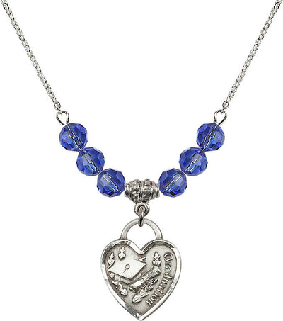 Large Sterling Silver Graduation Heart 6mm Sapphire Beaded Necklace, Measures 3/4-inch tall by 5/8-inch wide, Bliss Manufacturing