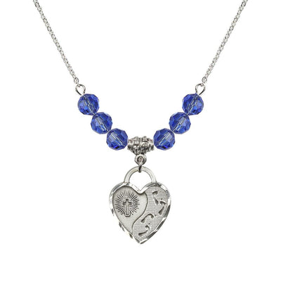 Sterling Silver Double Cross 6mm Beaded Necklace In Sapphire, Bliss Manufacturing