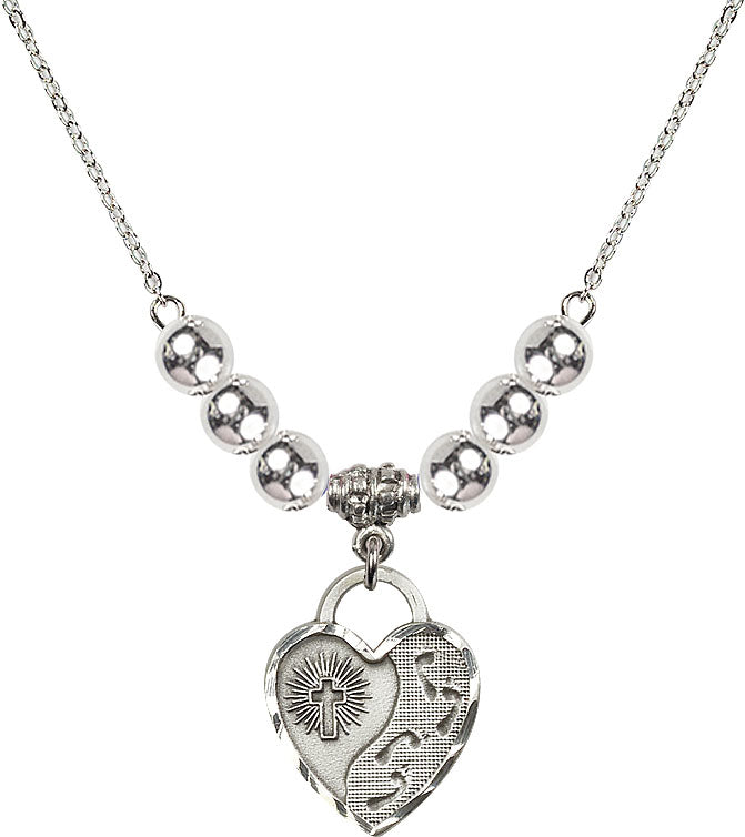 Bliss Sterling Silver Footprints Heart 6mm Beaded Necklace