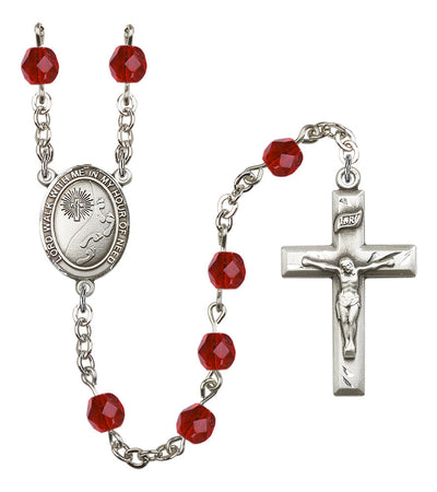 Footprints Silver-plated 6mm Austrian Crystal Rosary with Ruby Beads, Bliss Manufacturing