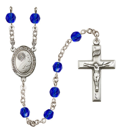 Footprints Silver-plated 6mm Austrian Crystal Rosary with Sappire Beads in Sapphire, Bliss Manufacturing