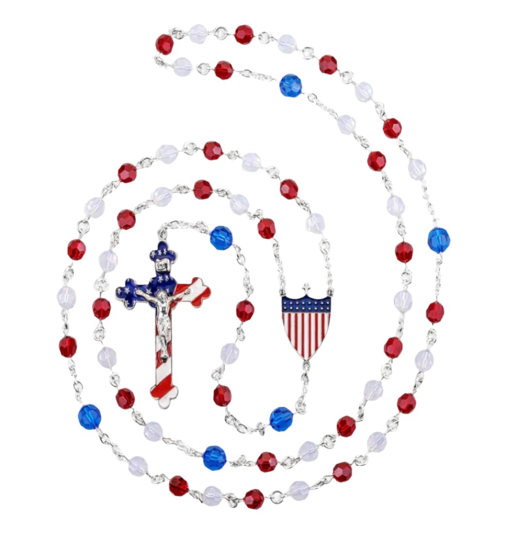 American Patriotic All Sterling Silver and Crystal Red/White/Blue Rosary Crystal Rosary