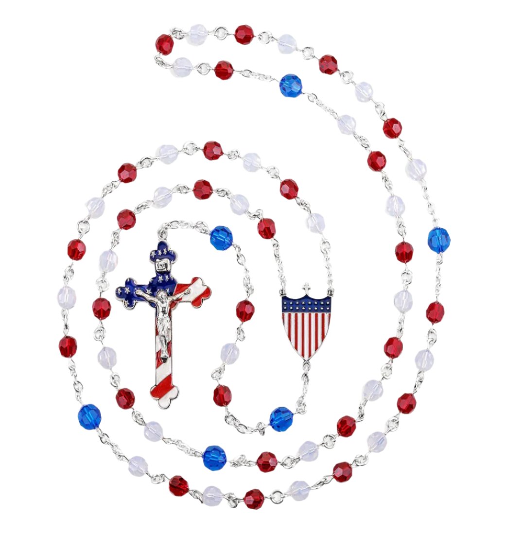 American Patriotic Sterling Silver and Crystal Red/White/Blue Rosary Crystal Rosary